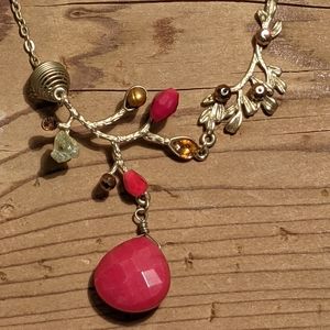 🌞🌞Gold Branch Red Pendant Necklace bronze leaf bead accents